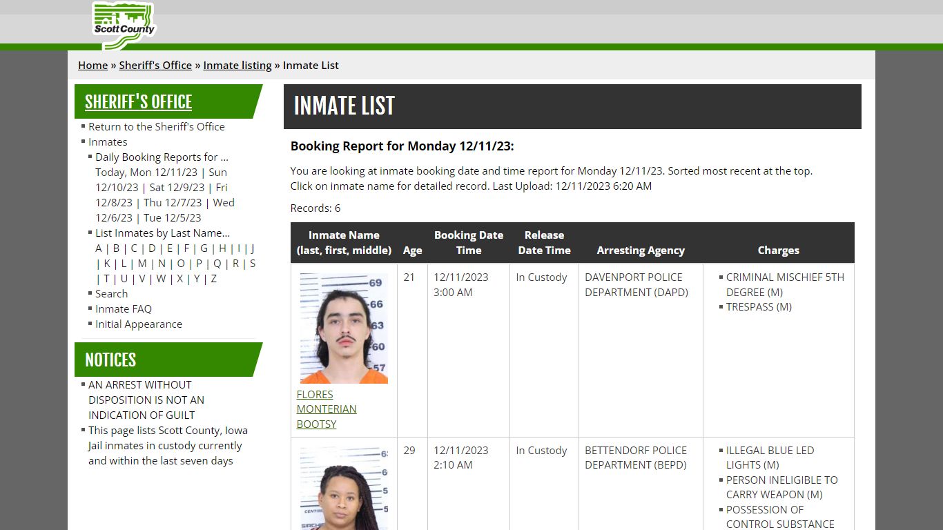 Inmate List - Scott County, Iowa